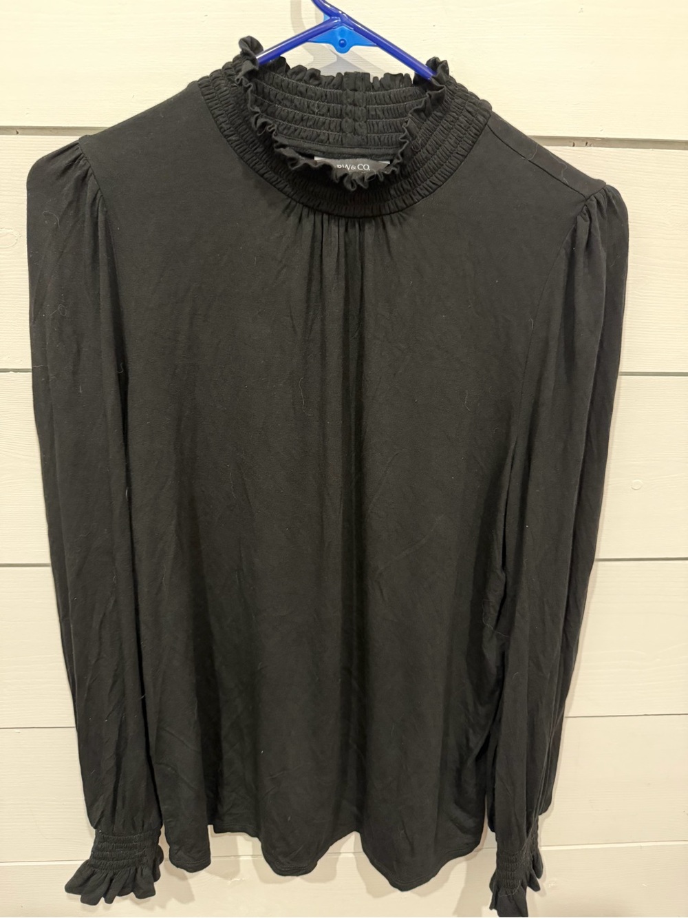 RW&CO. Black Smocked Ruffle Mock Neck Long Sleeve Top